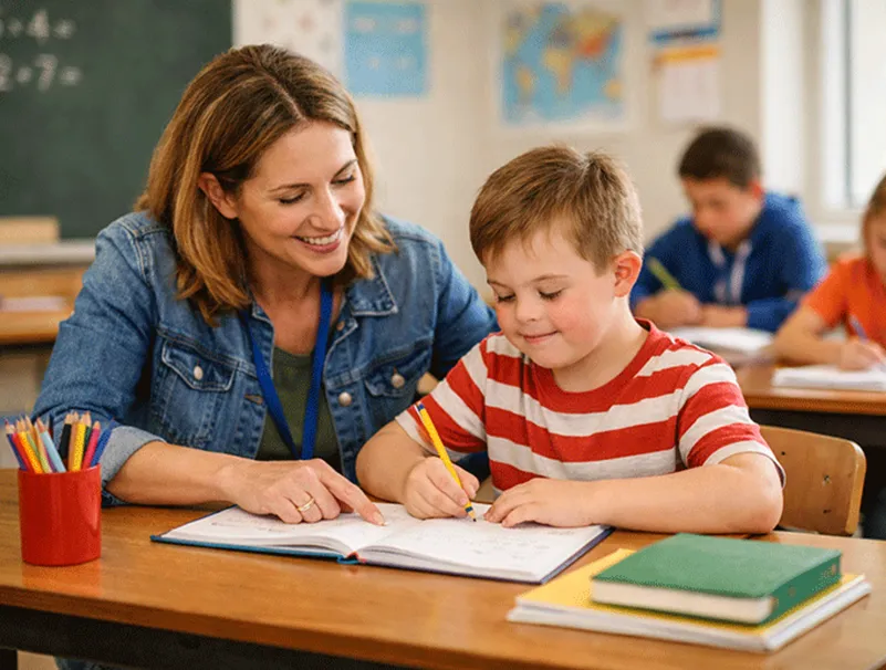 Lehrerin unterstützt ein Kind