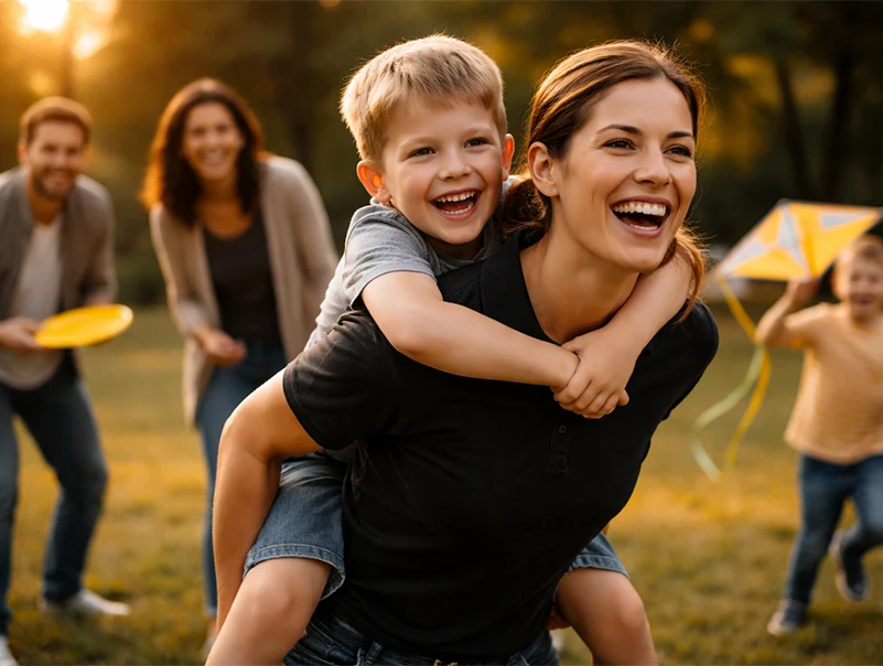 Mutter trägt lachendes Kind auf dem Rücken im Park